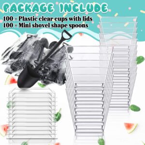 100 Pcs Square Dessert Cups with 100 Shovel Shape Dessert Spoon Clear Plastic Appetizer Cups with Lids Mini Parfait Cups Shovel Spoon for Party Favors, Desserts, Appetizers, Puddings, Yogurt (5.4 Oz)