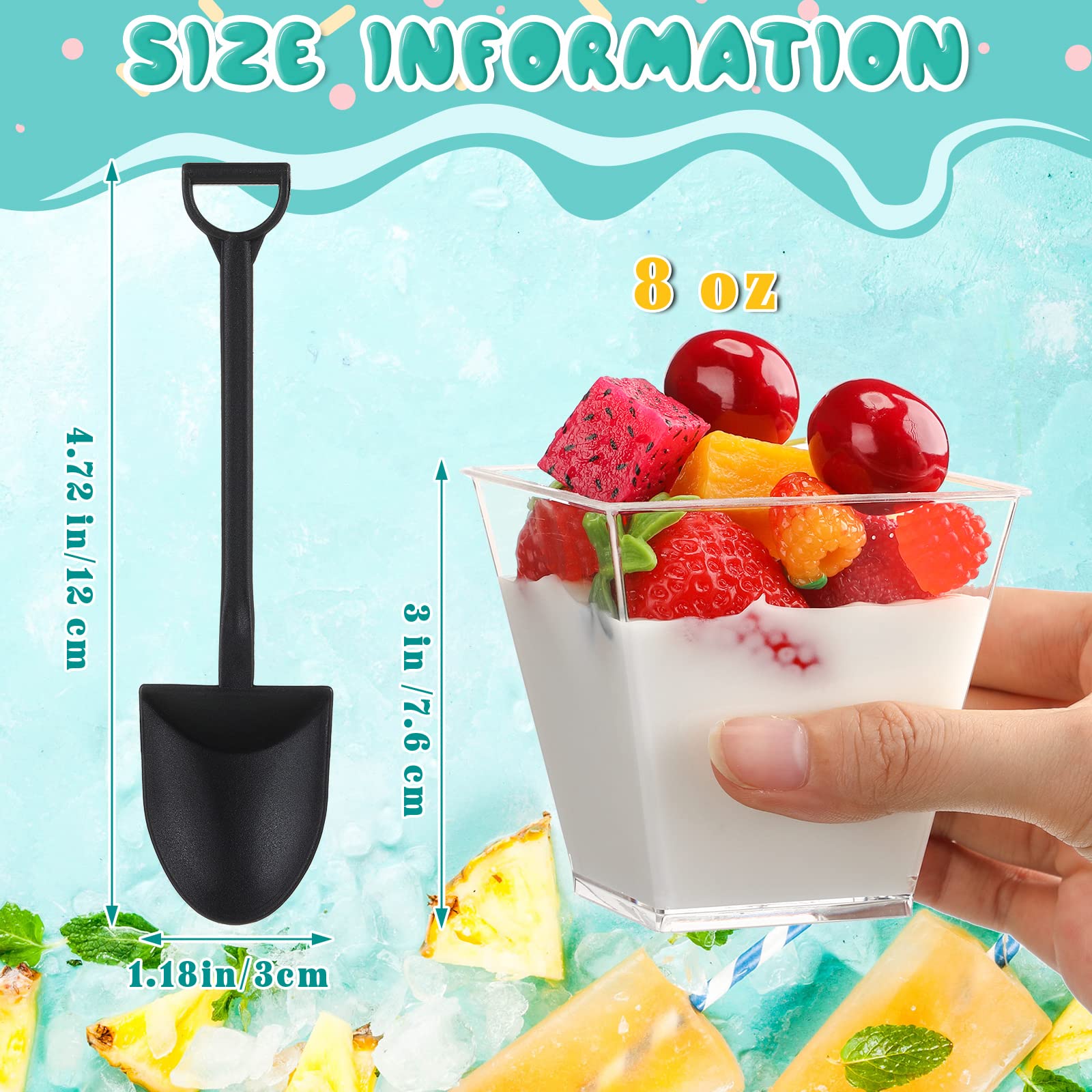 100 Pcs Square Dessert Cups with 100 Shovel Shape Dessert Spoon Clear Plastic Appetizer Cups with Lids Mini Parfait Cups Shovel Spoon for Party Favors, Desserts, Appetizers, Puddings, Yogurt (5.4 Oz)