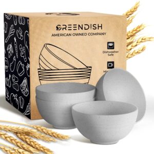 greendish wheat straw bowls set, 4 large unbreakable cereal bowls, microwave safe bowls for kitchen - dishwasher safe reusable big bowls for eating soup, oatmeal - microwavable deep bowls for families