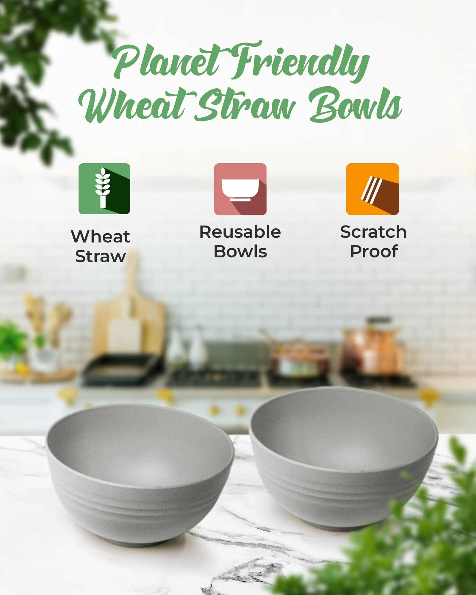 GREENDISH Wheat Straw Bowls Set, 4 Large Unbreakable Cereal Bowls, Microwave Safe Bowls for Kitchen - Dishwasher Safe Reusable Big Bowls for Eating Soup, Oatmeal - Microwavable Deep Bowls for Families