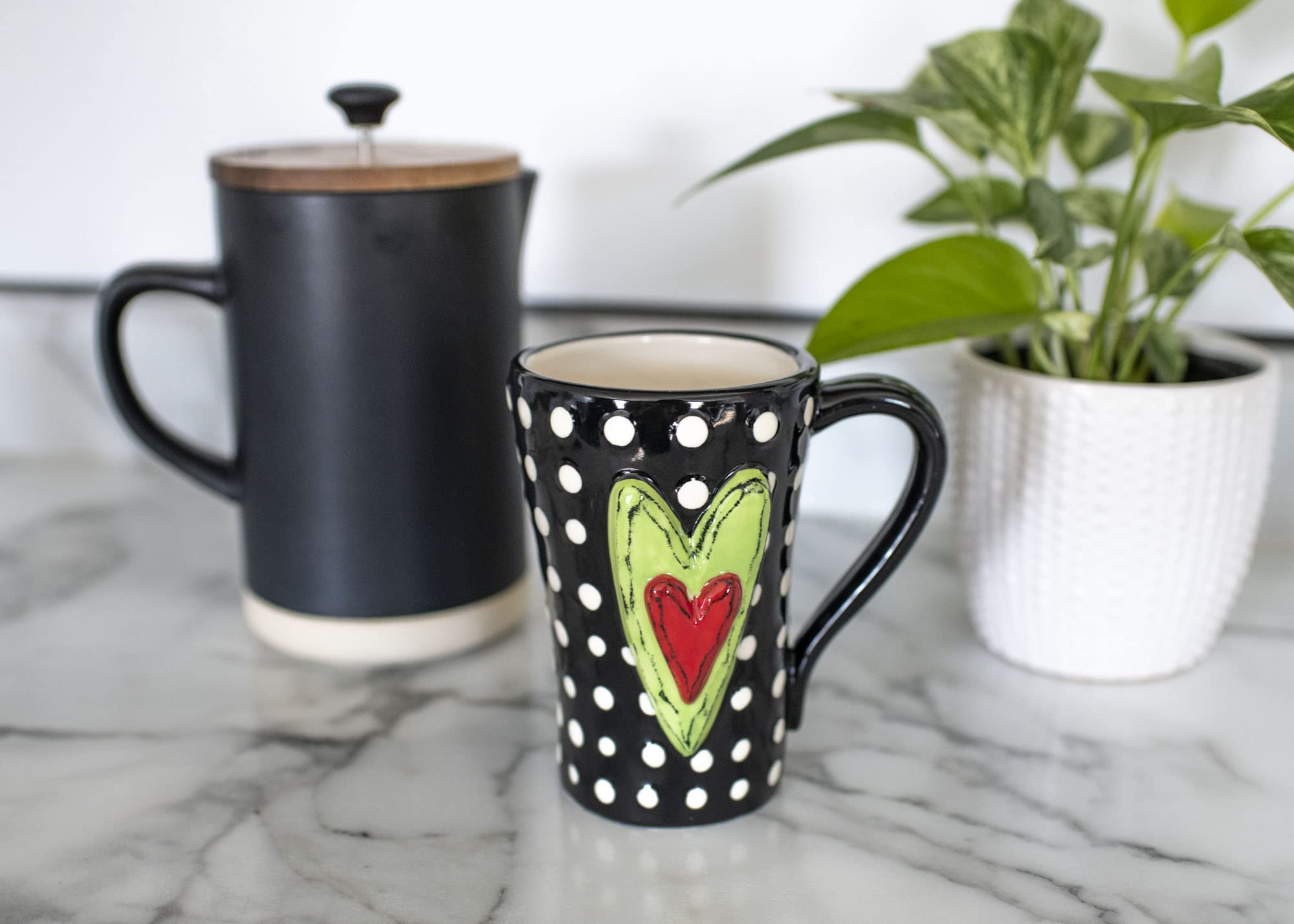 DEMDACO White Swirls Hearts Midnight Black 6 inch Glossy Ceramic Stoneware Mug