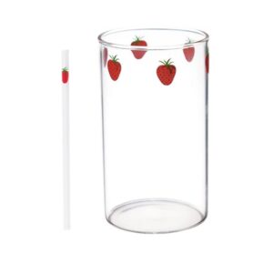 alipis glass water cup strawberry pattern drinking cup, glass milk bottle with straw, clear glass tea cup juice mug for beverage beer