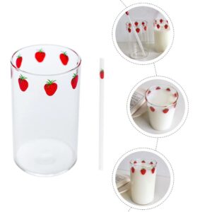 Alipis Glass Water Cup Strawberry Pattern Drinking Cup, Glass Milk Bottle with Straw, Clear Glass Tea Cup Juice Mug for Beverage Beer