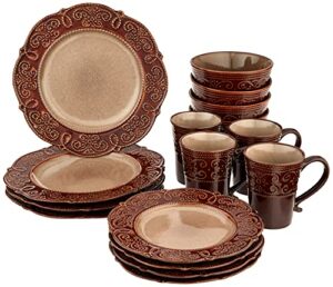 elama round decorated stoneware scallop embossed dinnerware dish set, 16 piece, salia