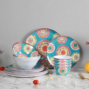 Yinshine 16pcs Melamine Dinnerware Set for 4, Outdoor and Indoor Dinner Dishes Set for Everyday Use, Break-resistant, Turquoise