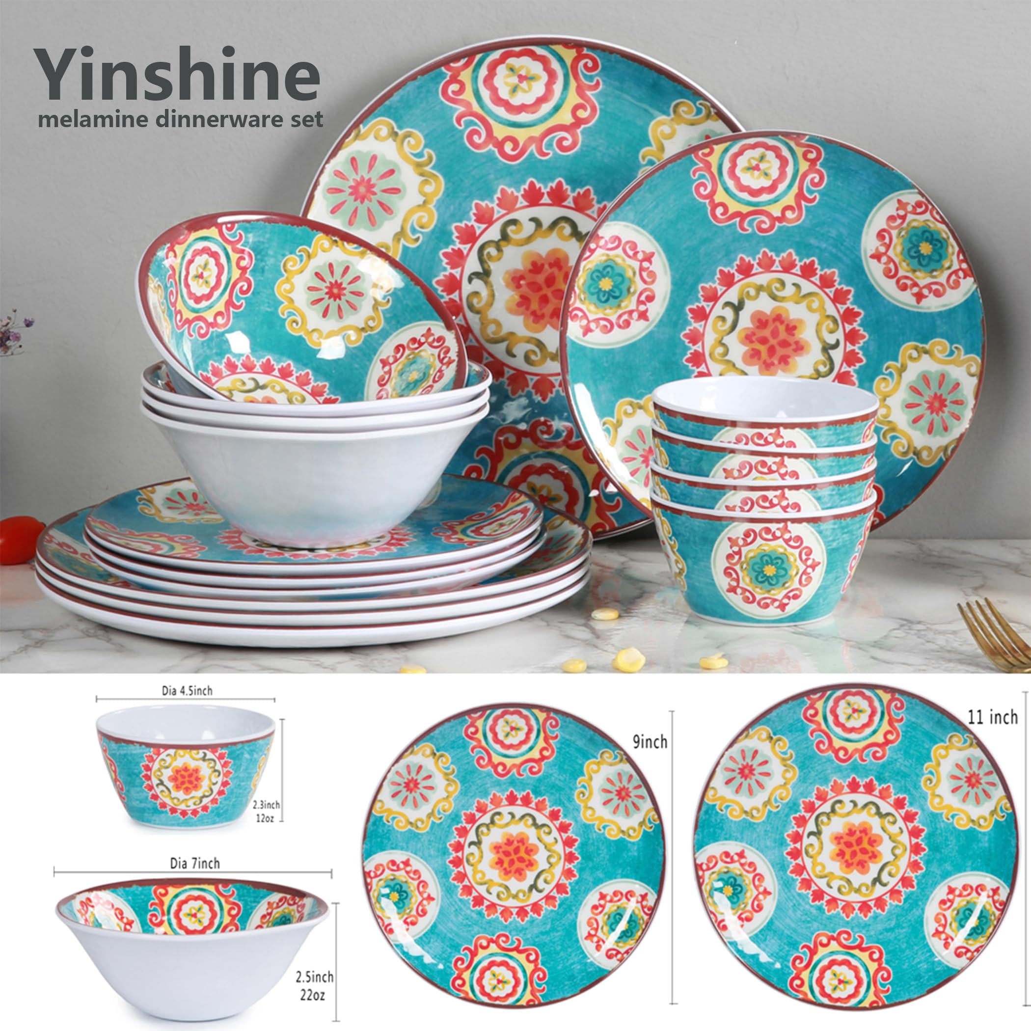 Yinshine 16pcs Melamine Dinnerware Set for 4, Outdoor and Indoor Dinner Dishes Set for Everyday Use, Break-resistant, Turquoise