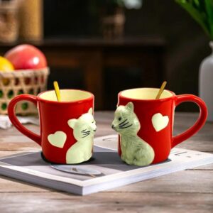 TDL Kissing Cat Mugs, Cute Matching Coffee Mugs, 3-Finger Loop Handles for Easy Handling, Ceramic Cups, Dishwasher Safe - Set of 2, Red, 3 1/4'' diameter (5 1/2'' edge to handle) x 3 1/2''H