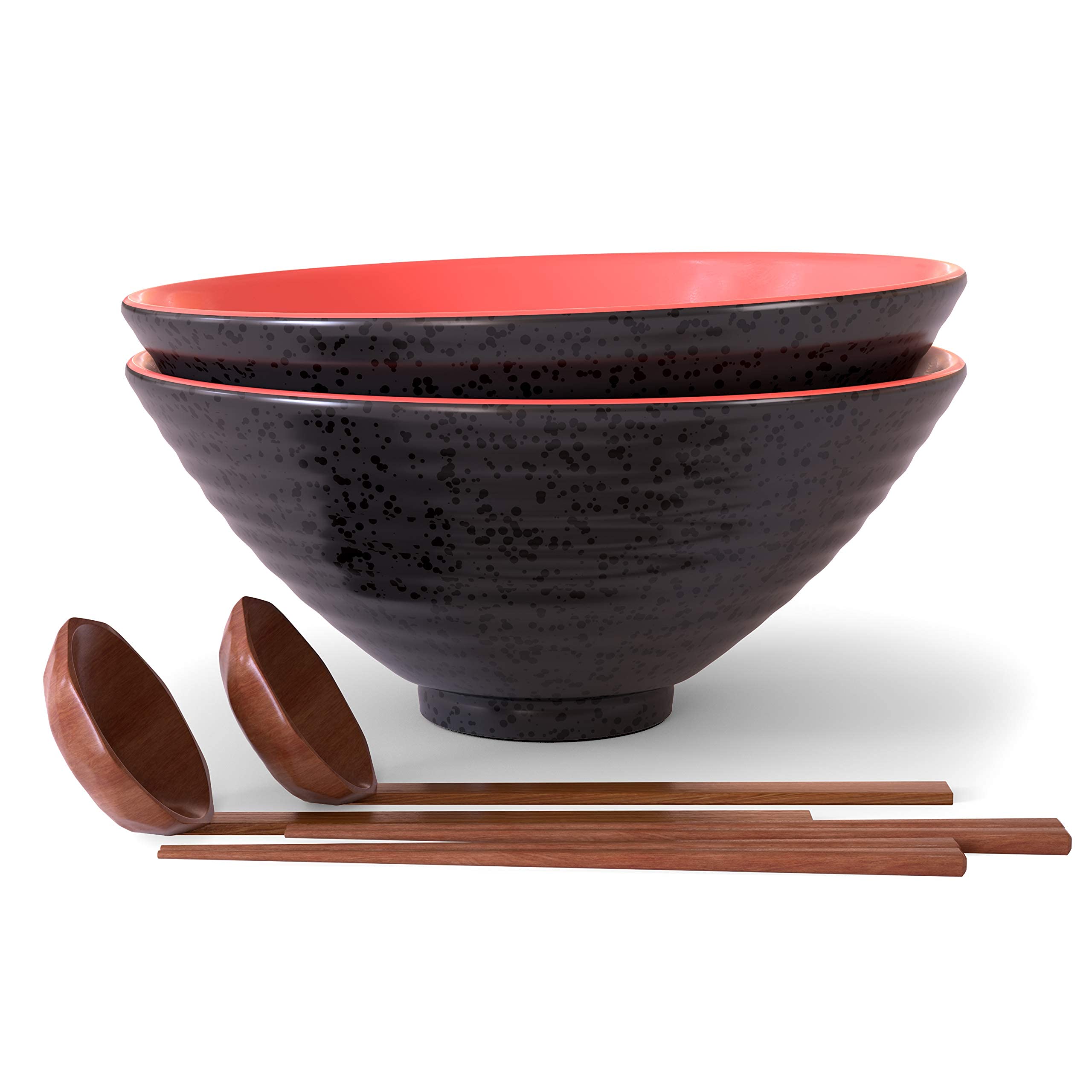 KooK Ceramic Japanese Ramen Bowl Set, with Wooden Spoons and Chopsticks, Noodle Soup Bowl, Microwavable, for Udon Soba Pho Asian Noodles, 60 oz, Black/Red, Set of 2