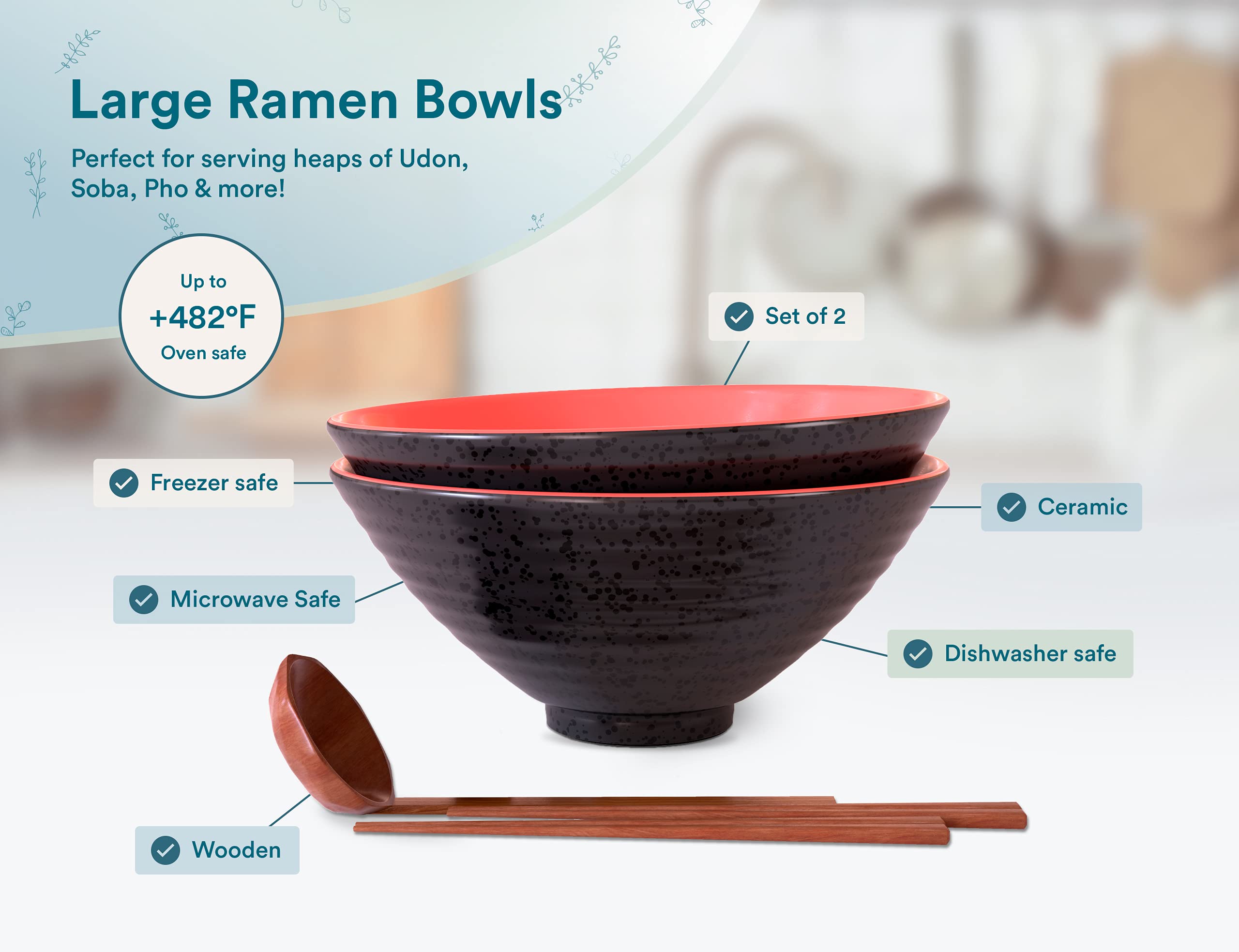 KooK Ceramic Japanese Ramen Bowl Set, with Wooden Spoons and Chopsticks, Noodle Soup Bowl, Microwavable, for Udon Soba Pho Asian Noodles, 60 oz, Black/Red, Set of 2