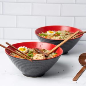 KooK Ceramic Japanese Ramen Bowl Set, with Wooden Spoons and Chopsticks, Noodle Soup Bowl, Microwavable, for Udon Soba Pho Asian Noodles, 60 oz, Black/Red, Set of 2