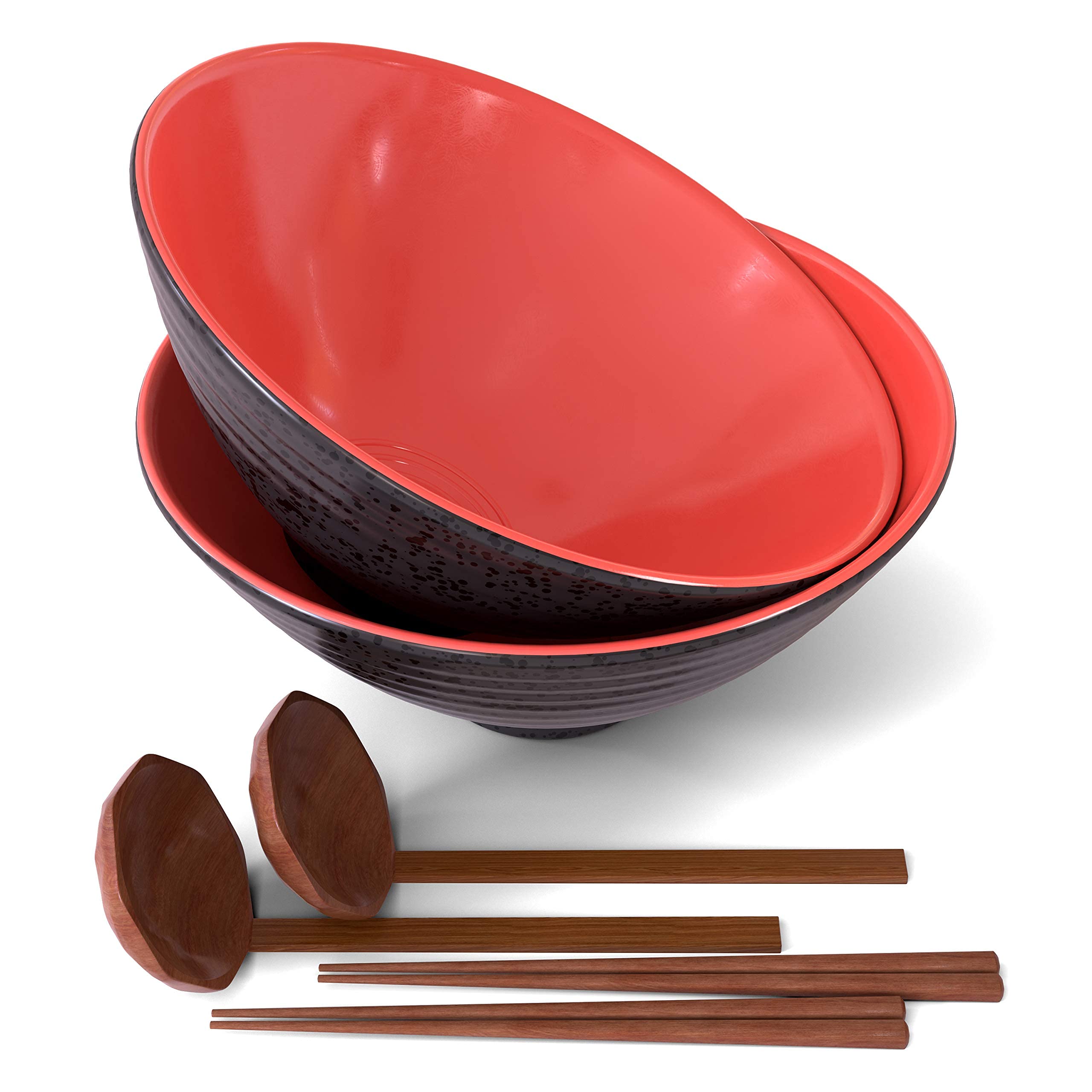 KooK Ceramic Japanese Ramen Bowl Set, with Wooden Spoons and Chopsticks, Noodle Soup Bowl, Microwavable, for Udon Soba Pho Asian Noodles, 60 oz, Black/Red, Set of 2