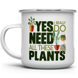 plant lover campfire coffee mug, houseplant tea camping cup, gardner landscape green thumb gifts, yes i really do need all these plants (12oz)