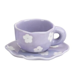 koythin ceramic coffee mug with saucer set, cute creative cup unique irregular saucer design for office and home, 6 oz/180 ml for latte tea milk, mothers day gifts (purple flower)