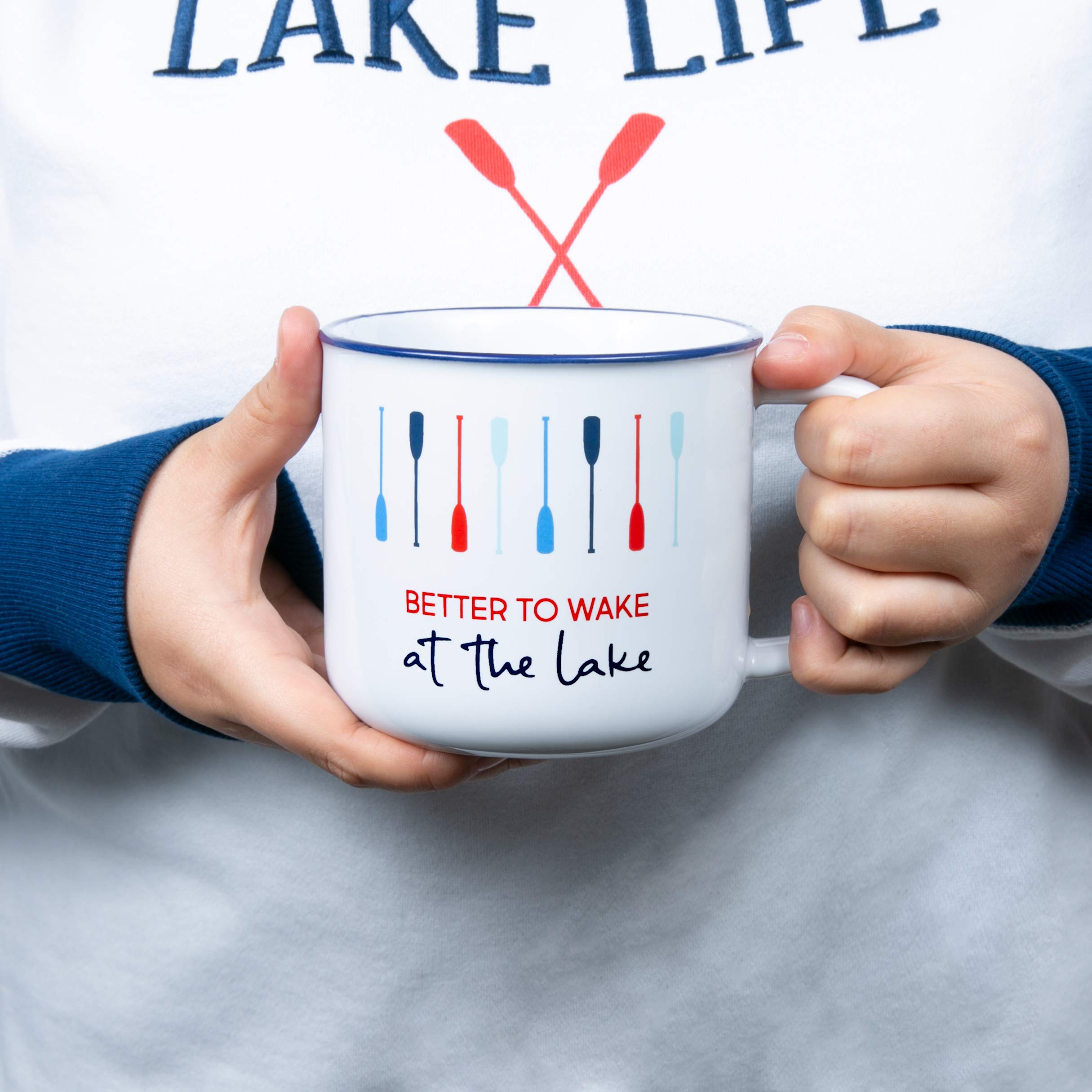 Pavilion Gift Company Large 17 Oz Stoneware Coffee Cup Mug Better to Wake at The Lake, 1 Count (Pack of 1), Blue