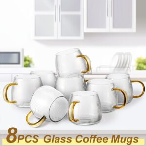 8 Pcs Glass Coffee Mugs 12.5 oz Clear Mugs for Hot Beverages Ribbed Espresso Cups Glass Coffee Cups in Vertical Stripes with Light Yellow Handle Vintage Glass Coffee Cups for Tea Latte Milk Juice