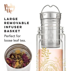 Pinky Up Blair Travel Tea Infuser Mug, Double Walled Insulated Travel Tumbler with Loose Leaf Tea Strainer, Travel Coffee Mug, Keeps Drinks Hot or Cold, 16 oz, Bouquet Design