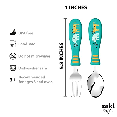 zak! Safari - 5-Piece Dinnerware Set - Durable Plastic & Stainless Steel - Includes Water Bottle, 8-Inch Plate, 6-Inch Bowl, Fork & Spoon - Suitable for Kids Ages 3+