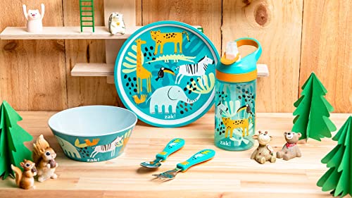 zak! Safari - 5-Piece Dinnerware Set - Durable Plastic & Stainless Steel - Includes Water Bottle, 8-Inch Plate, 6-Inch Bowl, Fork & Spoon - Suitable for Kids Ages 3+