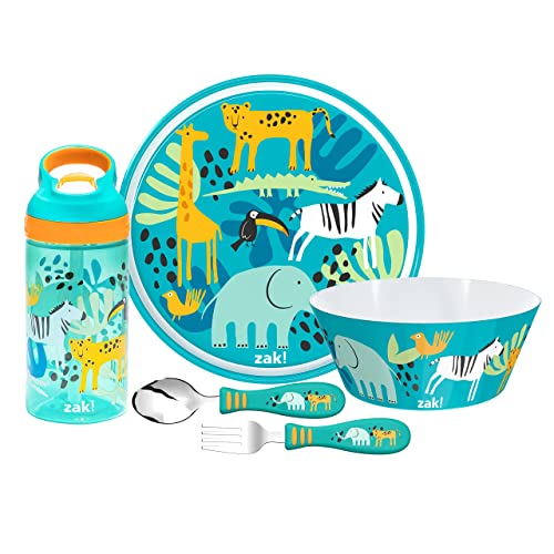 zak! Safari - 5-Piece Dinnerware Set - Durable Plastic & Stainless Steel - Includes Water Bottle, 8-Inch Plate, 6-Inch Bowl, Fork & Spoon - Suitable for Kids Ages 3+