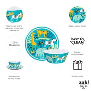 zak! Safari - 5-Piece Dinnerware Set - Durable Plastic & Stainless Steel - Includes Water Bottle, 8-Inch Plate, 6-Inch Bowl, Fork & Spoon - Suitable for Kids Ages 3+