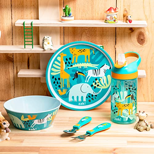 zak! Safari - 5-Piece Dinnerware Set - Durable Plastic & Stainless Steel - Includes Water Bottle, 8-Inch Plate, 6-Inch Bowl, Fork & Spoon - Suitable for Kids Ages 3+