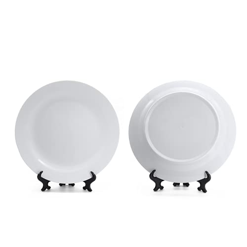 MR.R Sets of 2 Sublimation Blanks White Ceramic Flat Plate with Stand,Porcelain Plates. 8 inch Round Dessert or Salad Plate, Lead-Free, Safe in Microwave, Oven, and Freezer