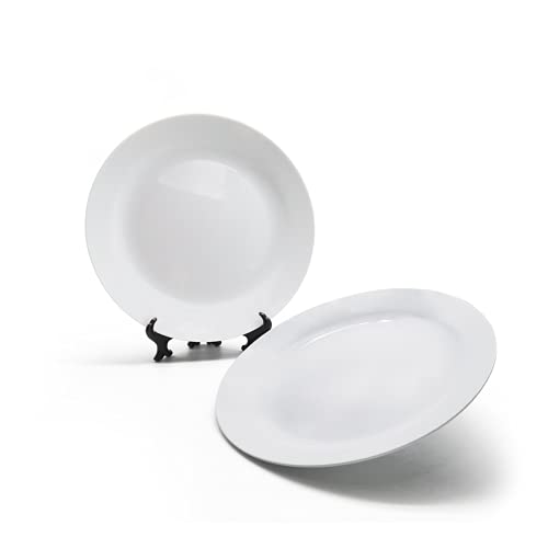 MR.R Sets of 2 Sublimation Blanks White Ceramic Flat Plate with Stand,Porcelain Plates. 8 inch Round Dessert or Salad Plate, Lead-Free, Safe in Microwave, Oven, and Freezer