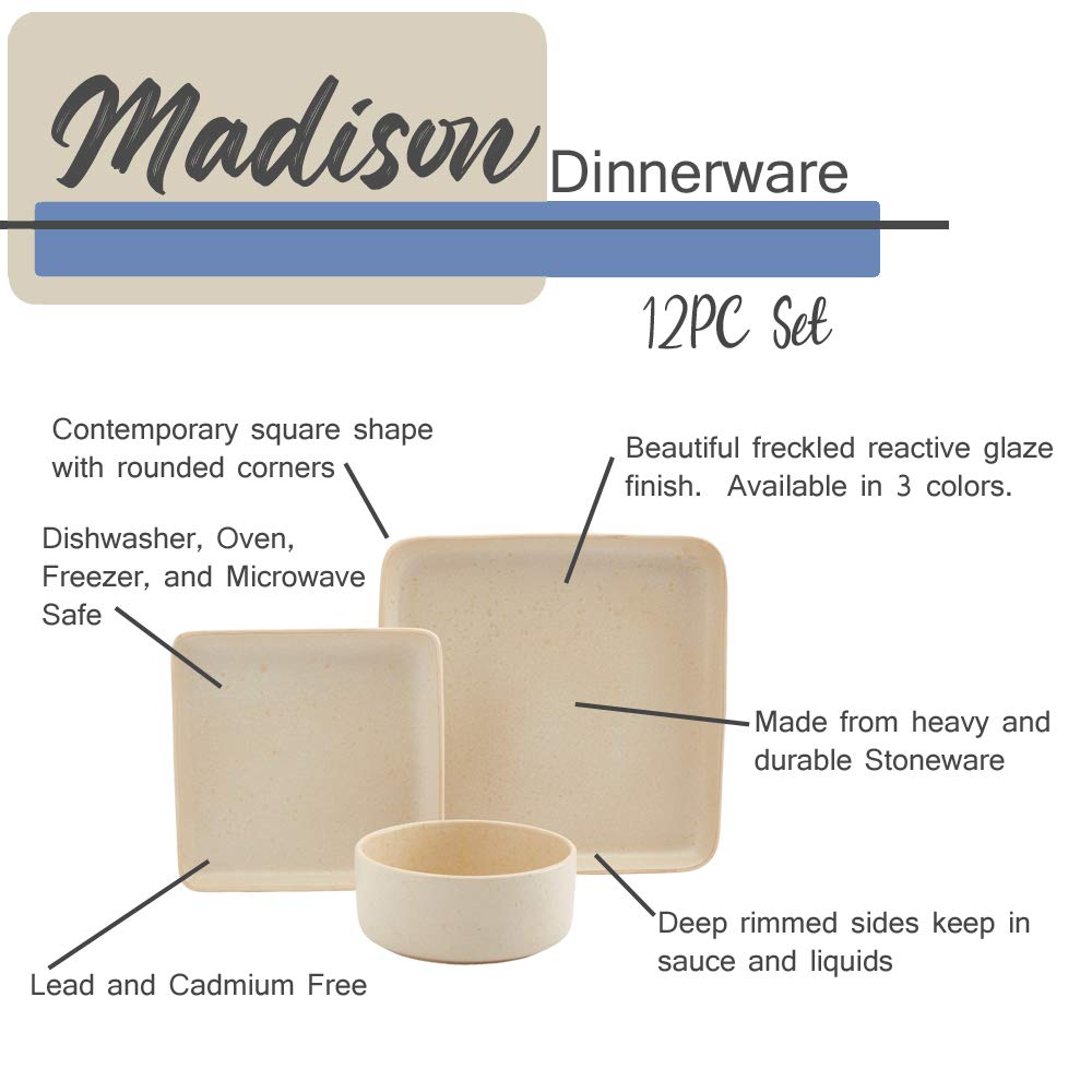Tabletops Gallery Madison Fashion Dinnerware Collection- Square Contemporary Modern Reactive Glaze Dinner Salad Plate Bowl 4 Place Setting, 12 Piece Madison Dinnerware set in Speckled Grey