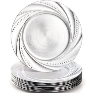 zenfun 12 pack 13 inch silver charger plates, plastic plate chargers for dinner plates, flower spiral dinner chargers, decorative plates for table setting, wedding, parties, banquets