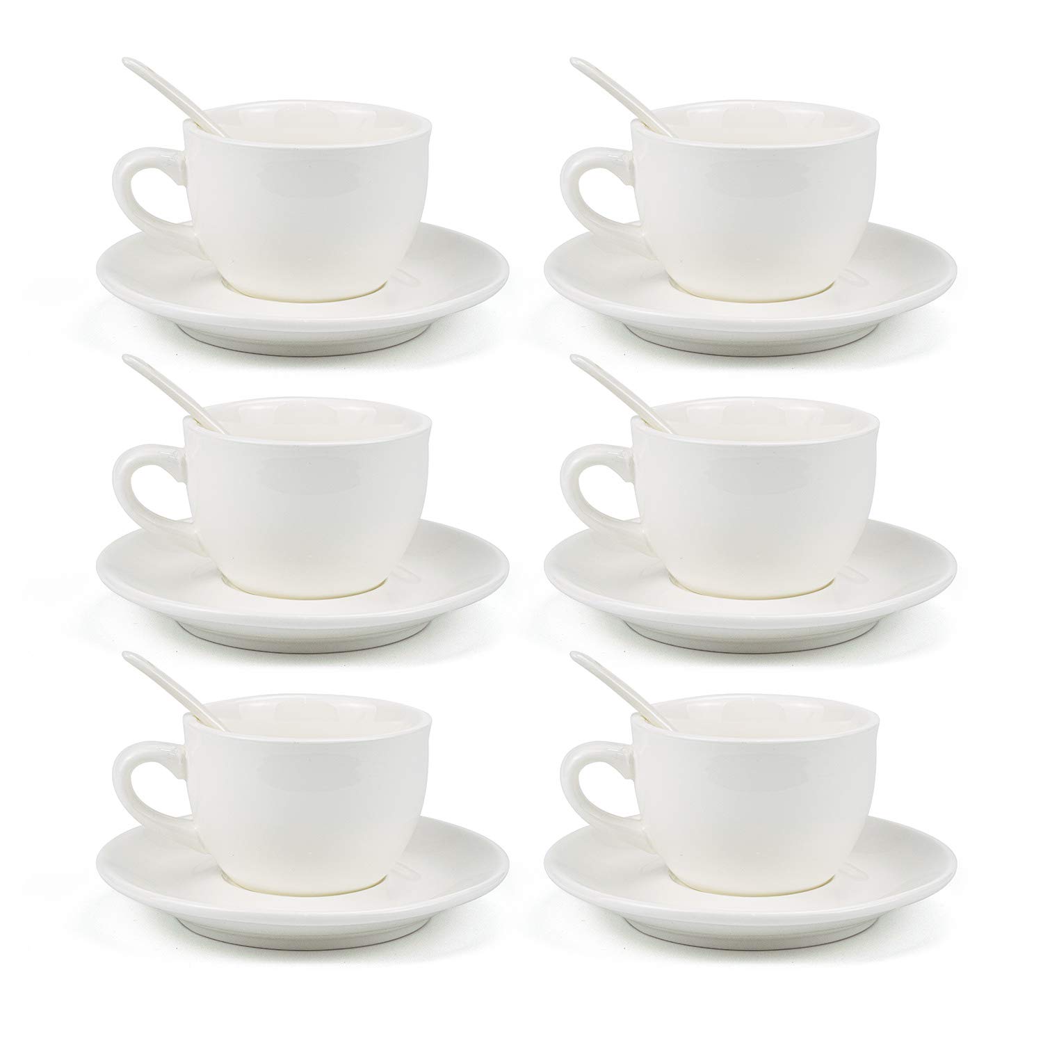 Kingrol 8 Ounces Cappuccino Cups with Saucers & Spoons, Porcelain Tea Cup Set, Set of 6 Coffee Mugs for Latte, Mocha, Cappuccino, and Mulled Drinks