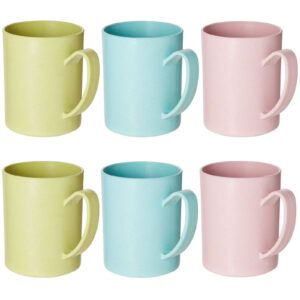 okuna outpost 6 pack unbreakable wheat straw cups for coffee, tea, milk, juice, 3 colors, light blue, green, and pink, reusable mugs, dishwasher and microwave-safe (13.8 ounces)