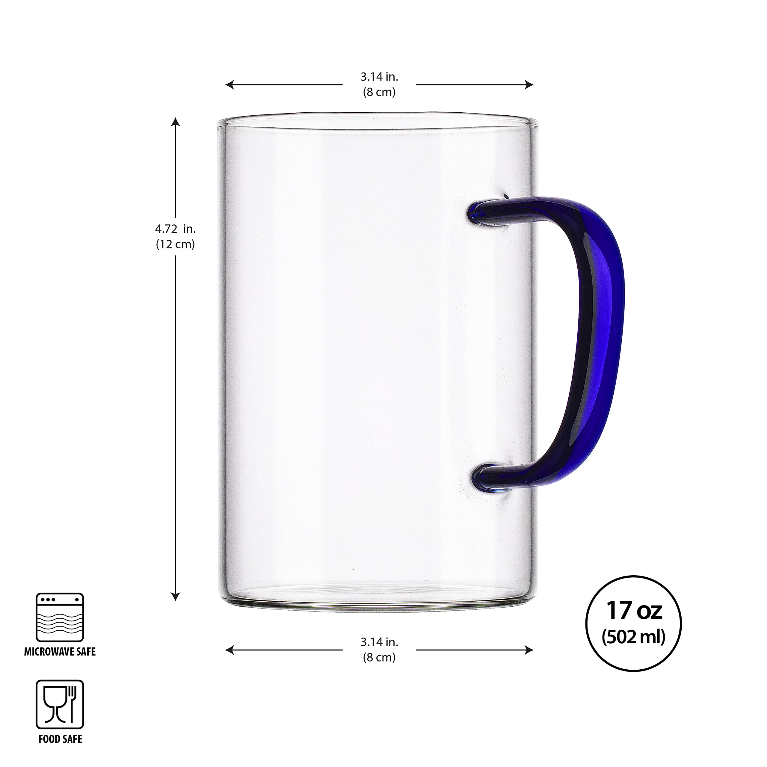 Glaver's Set of 2 Classic Coffee Mugs – Cups With Blue Colored Handles for Espresso, Tea – 17 Oz Coffee Mugs –Ideal for Any Modern Kitchen, Bar, Pub, Dishwasher safe
