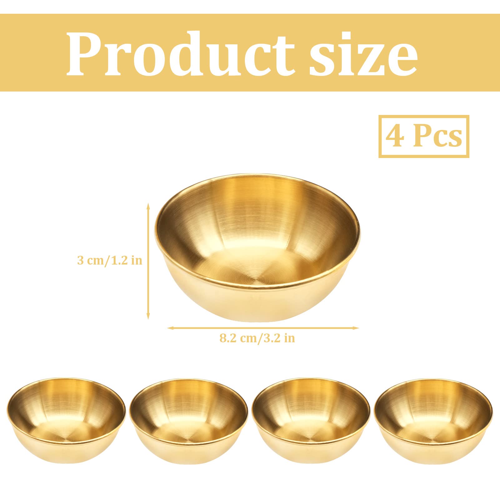 JJYHEHOT 4 Pcs Gold Stainless Steel Sauce Dip Bowls, Small Soy Sauce Dish Appetizer Plates, Sushi Seasoning Dipping Bowl