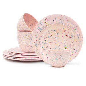 zak designs melamine dinnerware set, 12-piece, service for 4, confetti (rose pink)