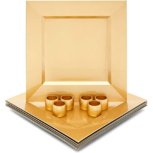 square metallic gold plastic charger plates and napkin rings set (serves 6)