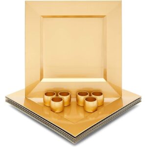 Square Metallic Gold Plastic Charger Plates and Napkin Rings Set (Serves 6)