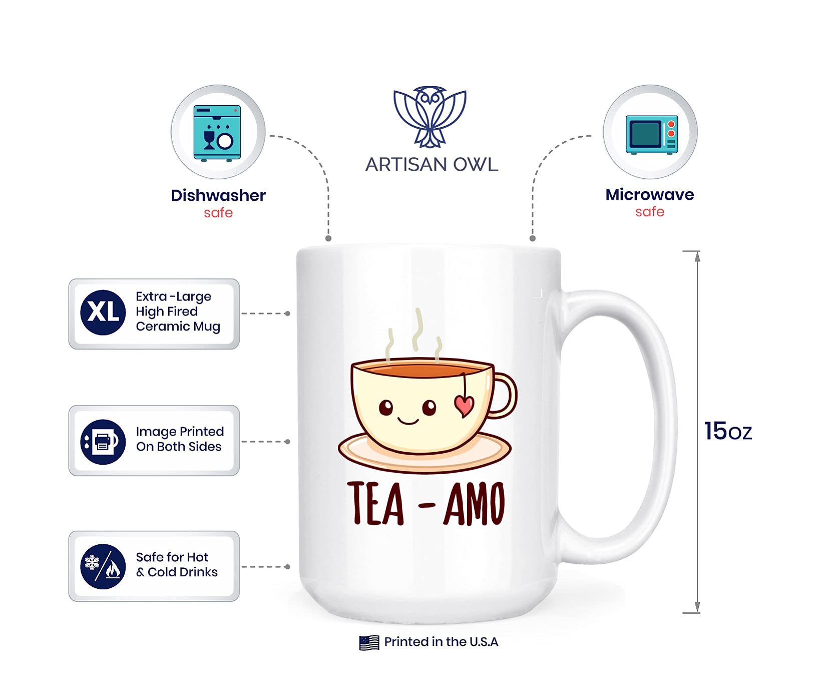 Artisan Owl Tea-Amo Pun Español Spanish I Love You Mug - 15oz Deluxe Double-Sided Tea Mug