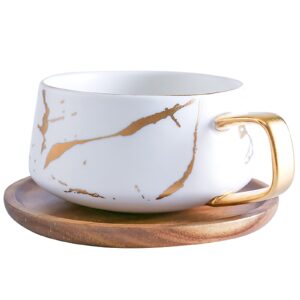 lucck 12oz ceramic marble tea cup with wooden saucer ceramic coffee cup cappuccino cup luxury gold inlay fashion marble pattern for women(white)