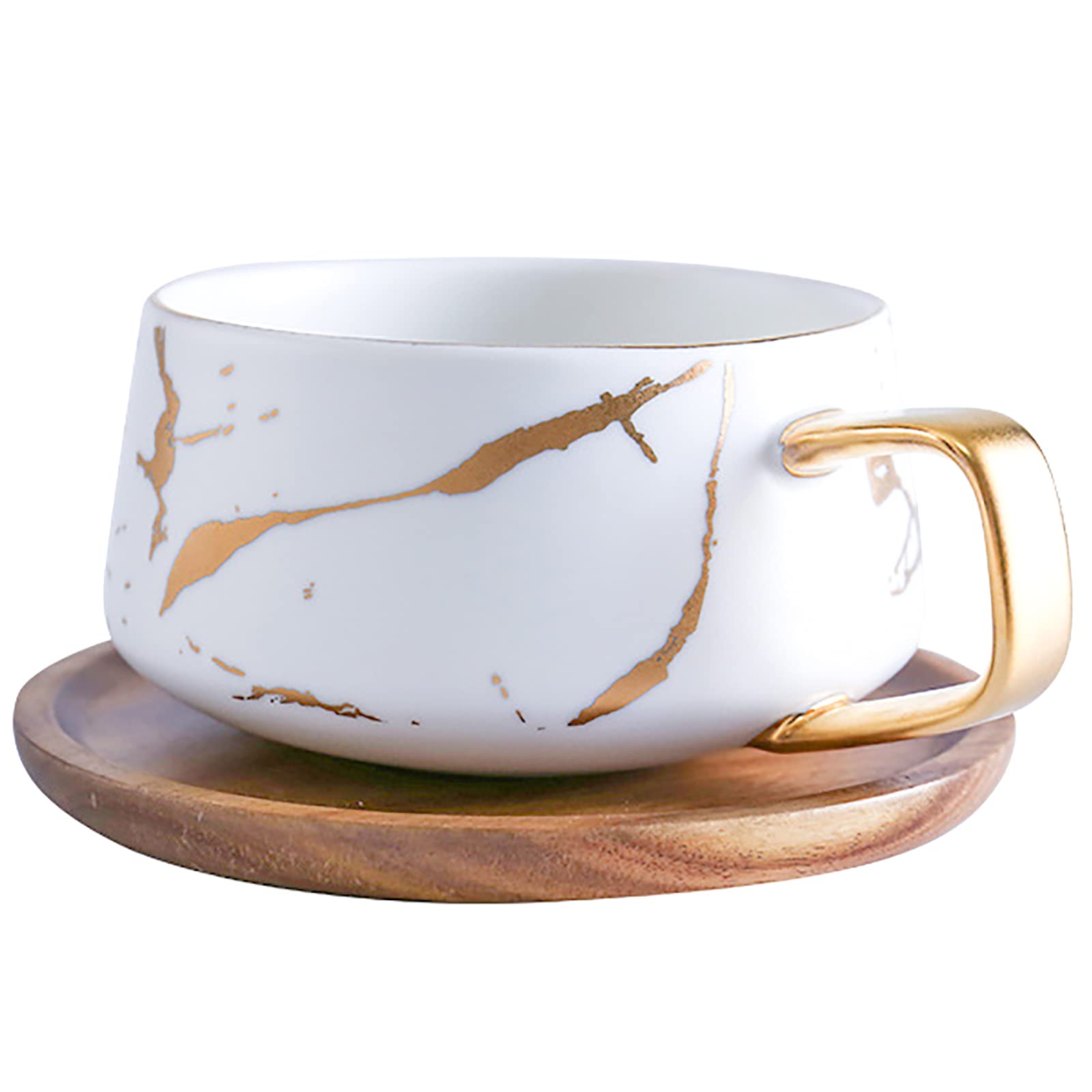 LUCCK 12oz Ceramic Marble Tea Cup with Wooden Saucer Ceramic Coffee Cup Cappuccino Cup Luxury Gold Inlay Fashion Marble Pattern for Women(White)