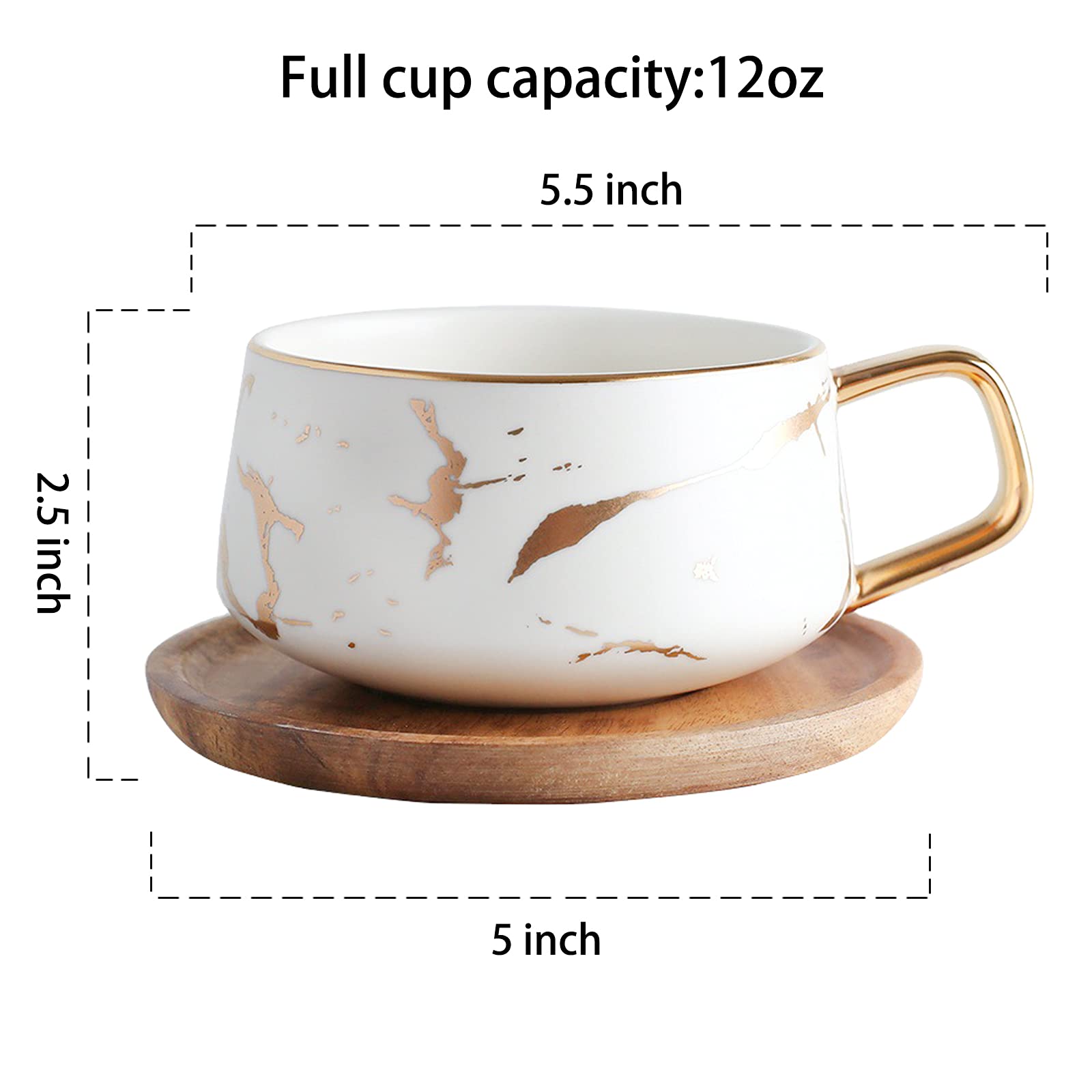 LUCCK 12oz Ceramic Marble Tea Cup with Wooden Saucer Ceramic Coffee Cup Cappuccino Cup Luxury Gold Inlay Fashion Marble Pattern for Women(White)