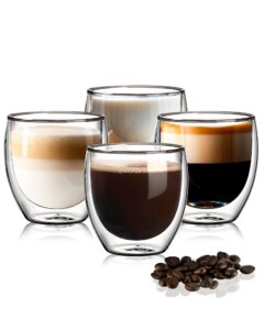 nachell glass espresso cups set of 4-8 oz double wall glass coffee mugs clear coffee tumblers,insulated borosilicate glass drinking cups for latte cappuccino tea drink