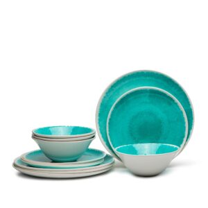 melamine dinnerware set - 12 piece plates and bowls sets,indoors and outdoors dinnerware,service for 4,lightweight, turquoise