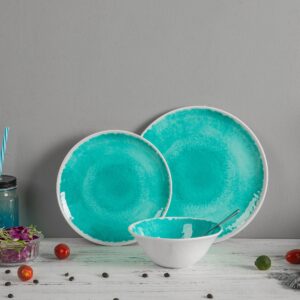 Melamine Dinnerware Set - 12 Piece Plates and Bowls Sets,Indoors and Outdoors Dinnerware,Service for 4,Lightweight, Turquoise