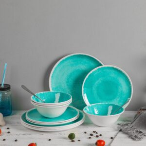 Melamine Dinnerware Set - 12 Piece Plates and Bowls Sets,Indoors and Outdoors Dinnerware,Service for 4,Lightweight, Turquoise