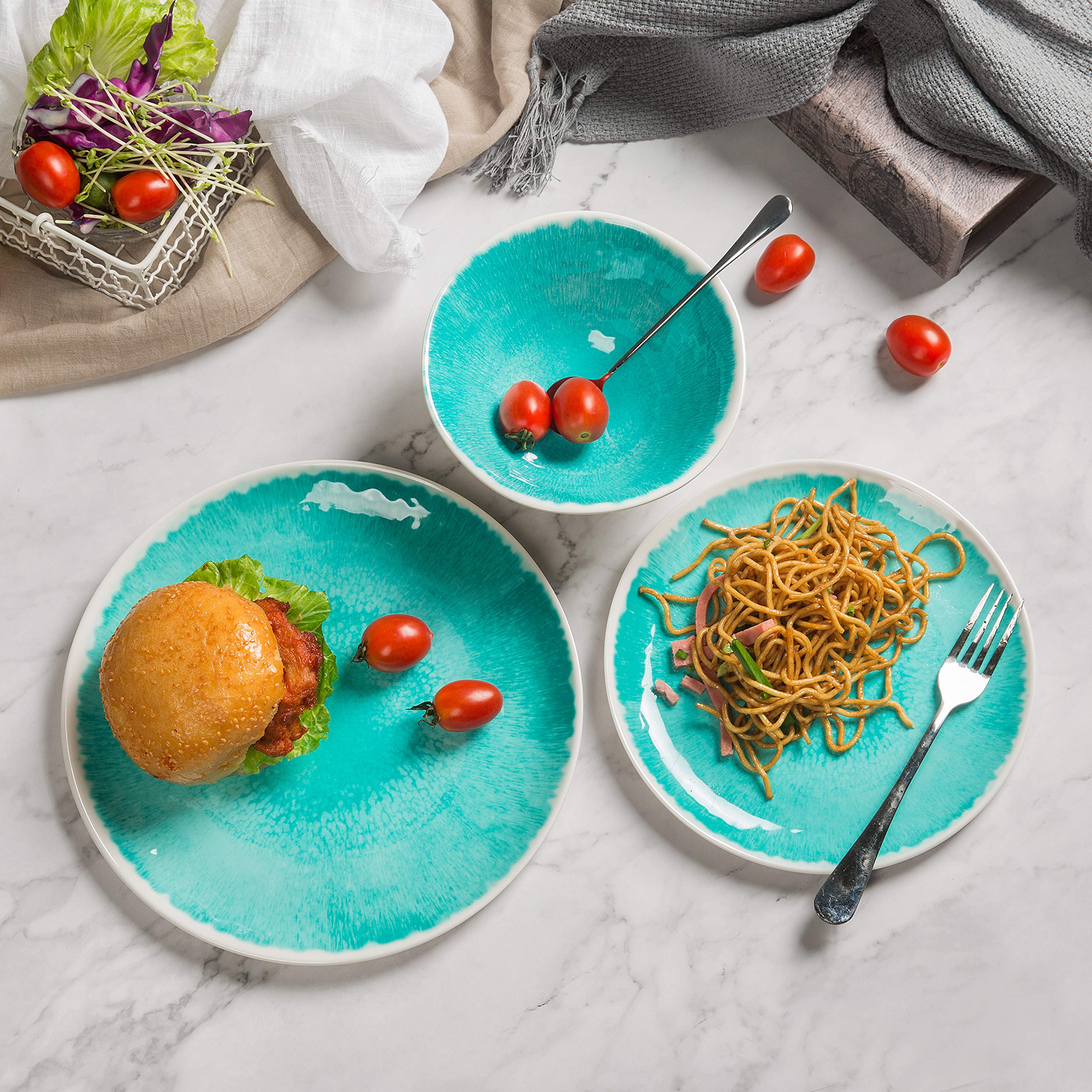 Melamine Dinnerware Set - 12 Piece Plates and Bowls Sets,Indoors and Outdoors Dinnerware,Service for 4,Lightweight, Turquoise