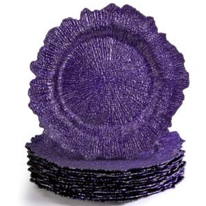 wuweot 12 pack purple charger plates, 13" plastic reef dinner under plates, round charger service base plates bulk with ruffled rim for party, wedding, catering event, tabletop decor