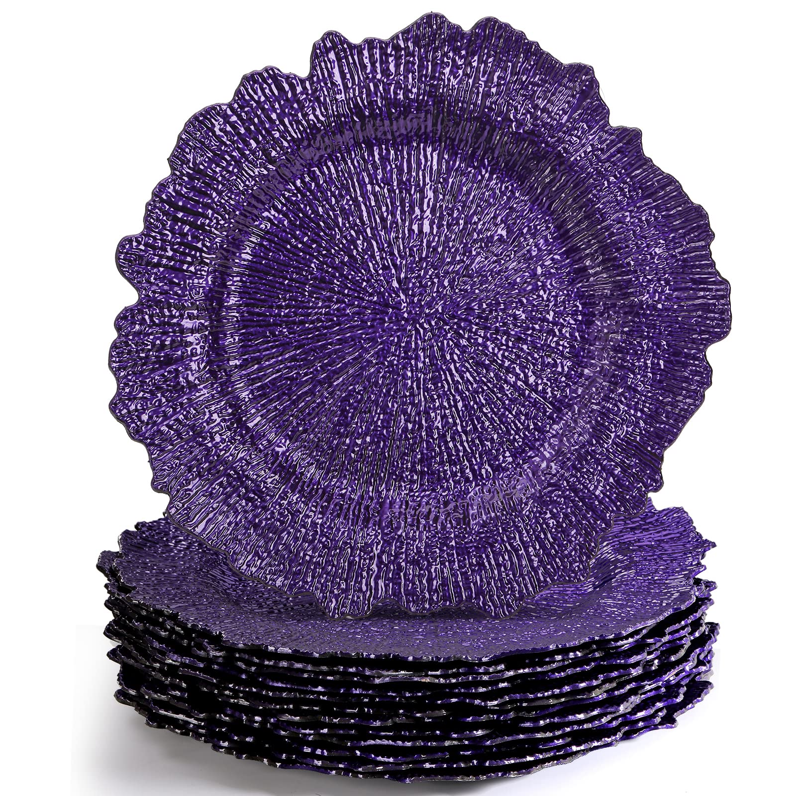 WUWEOT 12 Pack Purple Charger Plates, 13" Plastic Reef Dinner Under Plates, Round Charger Service Base Plates Bulk with Ruffled Rim for Party, Wedding, Catering Event, Tabletop Decor