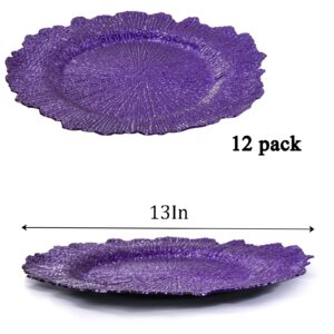 WUWEOT 12 Pack Purple Charger Plates, 13" Plastic Reef Dinner Under Plates, Round Charger Service Base Plates Bulk with Ruffled Rim for Party, Wedding, Catering Event, Tabletop Decor