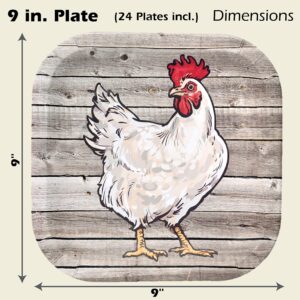 Havercamp Chicken 9” Plates on Barnwood (24 pcs.)! Authentic and Clucky Chicken on a Rustic Barnwood Background. 24 Lg. 9 in. Square Dinner Plates. Pair with the Farm Table Collection!