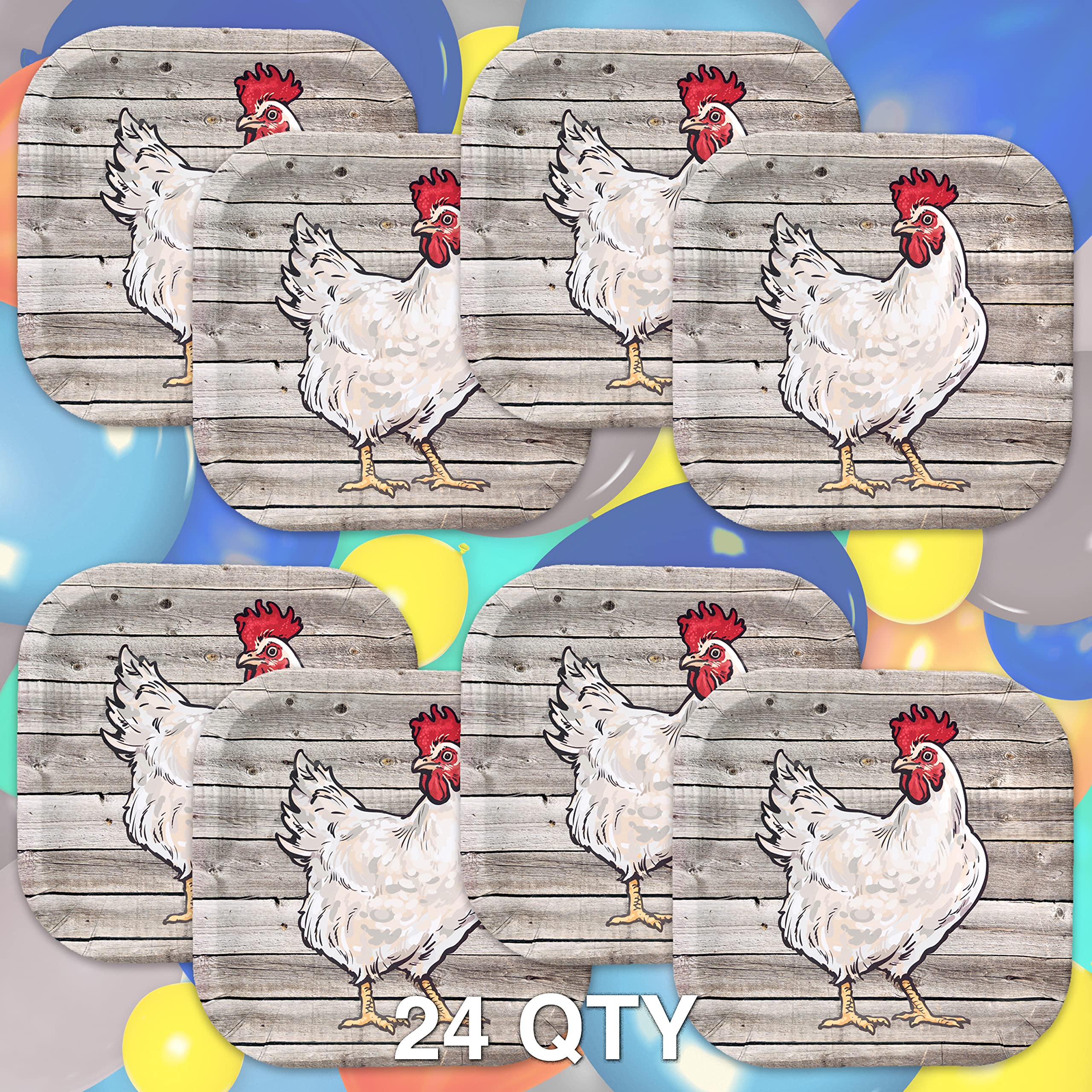 Havercamp Chicken 9” Plates on Barnwood (24 pcs.)! Authentic and Clucky Chicken on a Rustic Barnwood Background. 24 Lg. 9 in. Square Dinner Plates. Pair with the Farm Table Collection!
